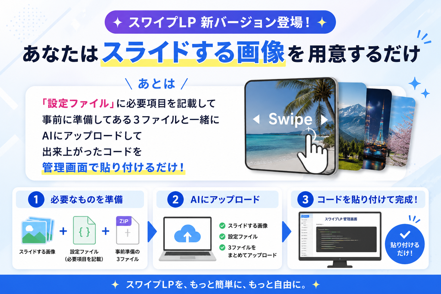 スワイプLP新バージョン。画像と設定ファイル、事前準備された3ファイルをAIへアップロードし、完成したコードを管理画面へ貼り付けるだけで作成できます。
